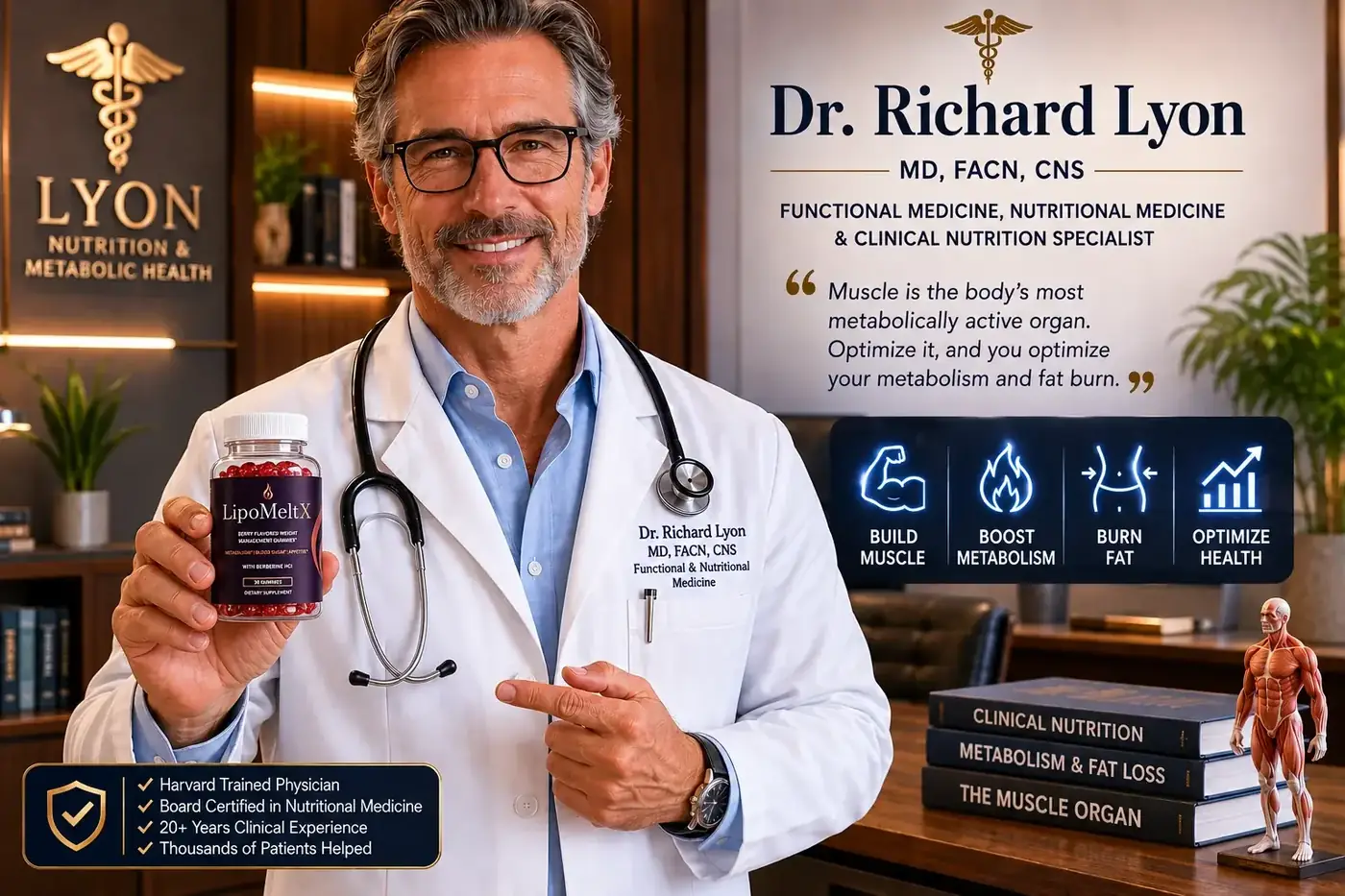 Dr. Richard Lyon, credited by the manufacturer with heading LipoMeltX development, holding a bottle of the gummies