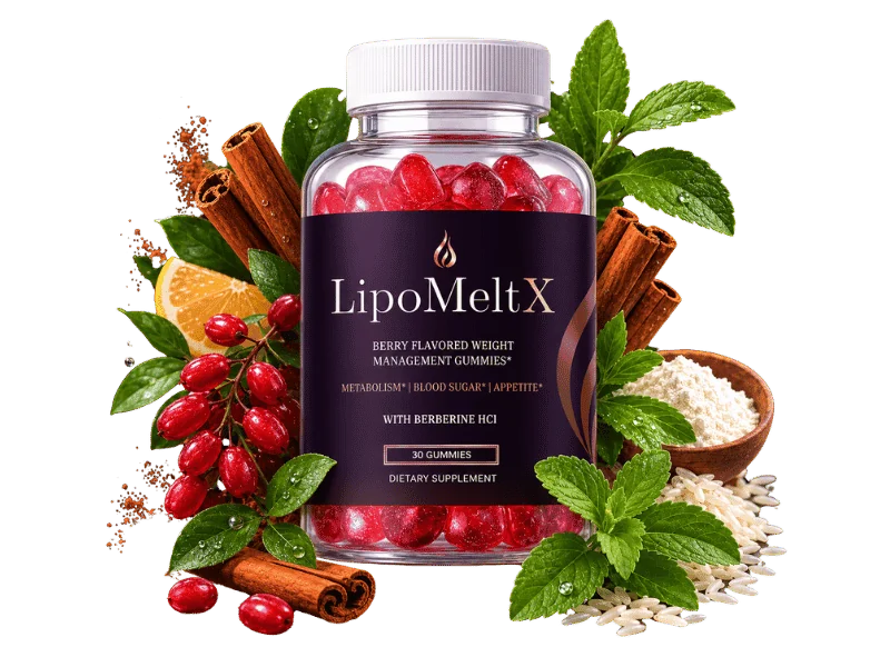 LipoMeltX gummy bottle with its berberine, cinnamon, mint and citrus ingredients