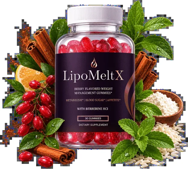 LipoMeltX berry weight management gummy bottle surrounded by berberine berries, cinnamon bark, citrus and mint