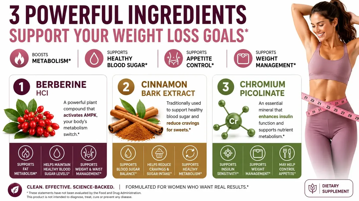 LipoMeltX ingredient panel: berberine HCl, cinnamon bark extract and chromium picolinate for metabolism, blood sugar and appetite